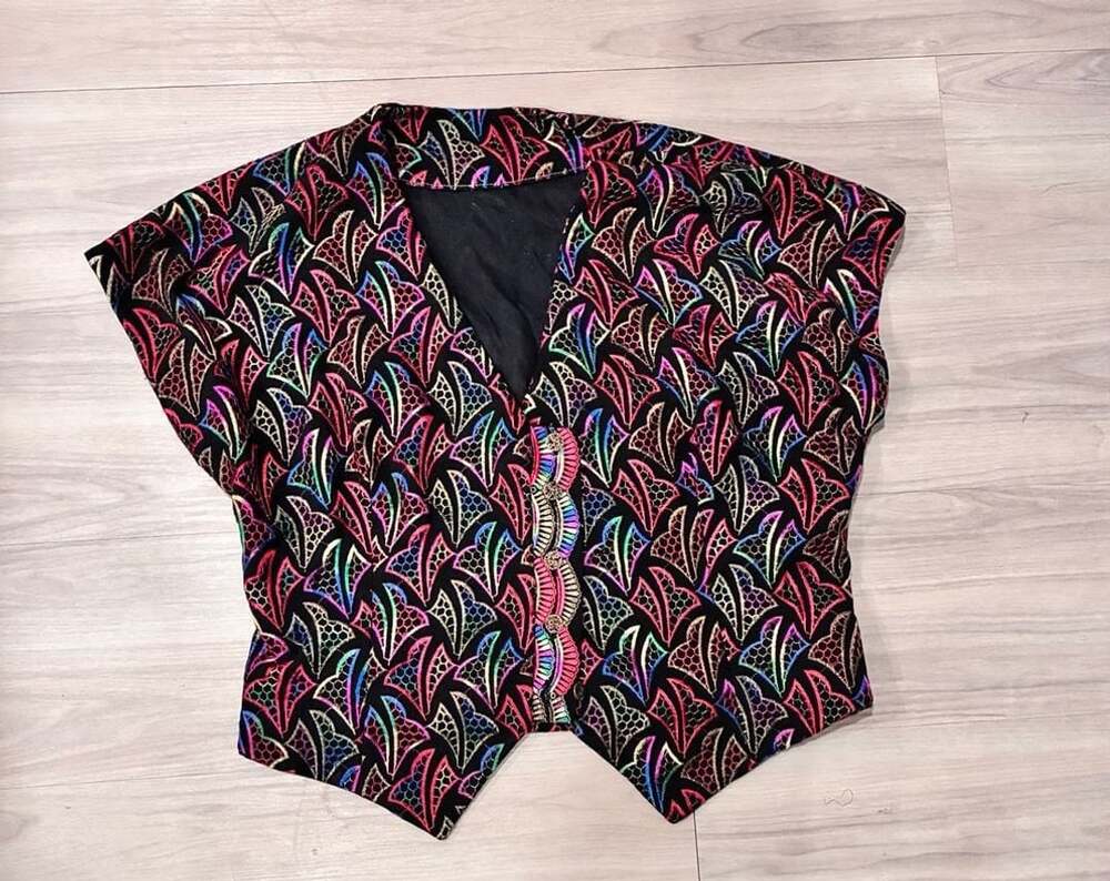 Vintage Embroidered Vest Black Multi Colored Patterned V Neck